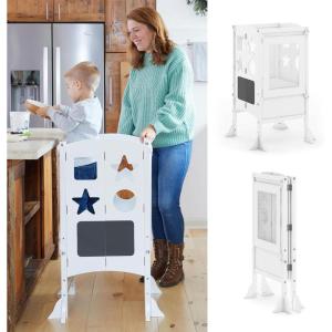imageGuidecraft Classic Kitchen Helper Folding Toddler Tower  Natural Wooden Kids Kitchen Step Stool wSafety Nets ampamp NonSlip Mat Montessori Toddler Standing Tower  Adjustable Learning Stool for KidsWhite