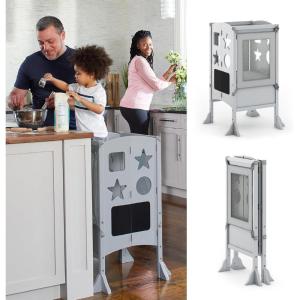 imageGuidecraft Classic Kitchen Helper Folding Toddler Tower  Natural Wooden Kids Kitchen Step Stool wSafety Nets ampamp NonSlip Mat Montessori Toddler Standing Tower  Adjustable Learning Stool for KidsGray