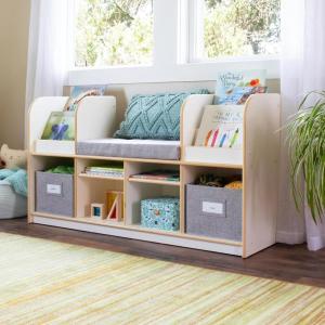 imageGuidecraft EdQ Reading Nook  White Kids Bookshelf Bench with Storage Bins Shelves and Seat Cushion for Books and Toys Bedroom Playroom and Classroom FurnitureWhite