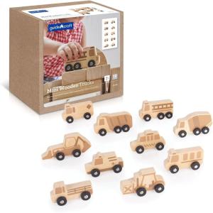 imageGuidecraft Mini Wooden Trucks  Set of 10 Toddlers Toy Set Cement Mixer Police Car Taxi Car School Bus Ambulance Fork Lift Front Loader and Farm Truck Set