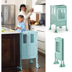 imageMartha Stewart Kitchen Helper  Toddler Tower by Guidecraft  Taupe Kids Wood Foldable Adjustable Height Platform  Safe Cooking Learning Step Stool for ToddlersMint