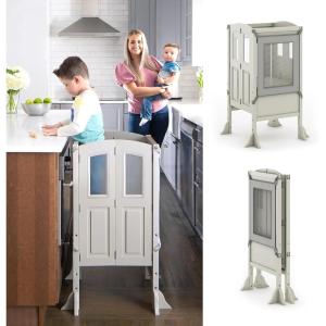 imageMartha Stewart Kitchen Helper  Toddler Tower by Guidecraft  Taupe Kids Wood Foldable Adjustable Height Platform  Safe Cooking Learning Step Stool for ToddlersTaupe