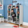 imageMartha Stewart Kids Storage System Gray  Wood Bookshelf Cubby with Seat Cushion Shelves and Storage Bins Reading Nook Bookcase and Kids Room BenchGrey