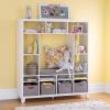 imageMartha Stewart Kids Storage System Gray  Wood Bookshelf Cubby with Seat Cushion Shelves and Storage Bins Reading Nook Bookcase and Kids Room BenchLinen White