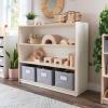 imageGuidecraft EdQ Three Shelf Open Storage Natural with 3 Fabric Bins Wooden Kids Bookcases and Toy Storage Organizer Homeschool and Classroom FurnitureWhite