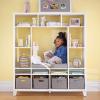 imageMartha Stewart Kids Storage System Gray  Wood Bookshelf Cubby with Seat Cushion Shelves and Storage Bins Reading Nook Bookcase and Kids Room BenchLinen White