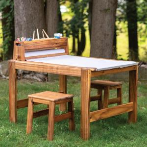 imageGuidecraft Acadia Outdoor Art Table and Stool Set Kids Acacia Wood Arts and Crafts Table w 2 Chairs Mobile Storage Paper Roll and Paint Cups for Drawing Painting and Toddler Picnic Activities