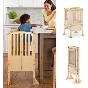 imageGuidecraft Contemporary Kitchen Helper Stool and 2 Keepers  Gray Folding Adjustable Height Wooden Cooking Step Stool for Toddlers  Little Kids Montessori Learning FurnitureNatural