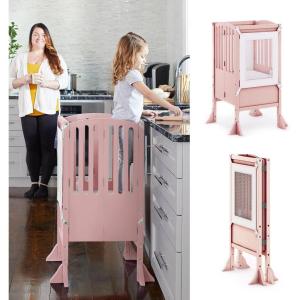 imageGuidecraft Contemporary Kitchen Helper Stool and 2 Keepers  Gray Folding Adjustable Height Wooden Cooking Step Stool for Toddlers  Little Kids Montessori Learning FurniturePink