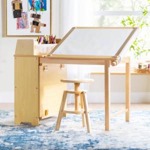 imageGuidecraft Design StudioNatural 3in1 Wooden Art Table for Kids Adjustable Drafting Table with Storage 3 Cubbies ampamp Bins  Kids Art Easel with Paper Roll Black Chalkboard Art Supplies OrganizerBeige