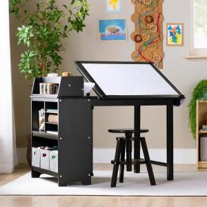 imageGuidecraft Design StudioNatural 3in1 Wooden Art Table for Kids Adjustable Drafting Table with Storage 3 Cubbies ampamp Bins  Kids Art Easel with Paper Roll Black Chalkboard Art Supplies OrganizerBlack
