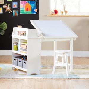 imageGuidecraft Design StudioNatural 3in1 Wooden Art Table for Kids Adjustable Drafting Table with Storage 3 Cubbies ampamp Bins  Kids Art Easel with Paper Roll Black Chalkboard Art Supplies OrganizerWhite