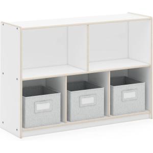 imageGuidecraft EdQ 5 Compartment Storage 30 Natural with 3 Fabric Bins Wooden Kids Bookcase Two Shelf Organizer for Books Toys Games Arts Crafts School Supplies Home and ClassroomWhite