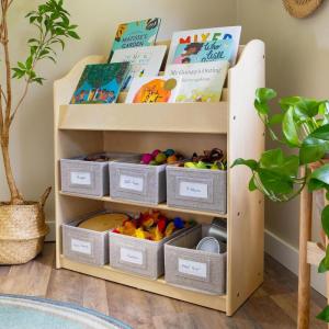 imageGuidecraft EdQ Book and Bin Browser Natural 6 Fabric Storage Bins Book Display and Toy Storage Organizer for Kids School Supply FurnitureNatural