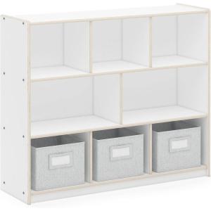 imageGuidecraft EdQ Three Shelf Compartment Storage White with 3 Fabric Bins Wooden Bookshelf and Toy Organizer for Kids Storage Unit for Homeschool and ClassroomWhite