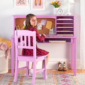imageGuidecraft Kids Media Desk and Chair Set  White Kids Writing Desk with Hutch and Storage Shelves Computer Workstation with Corkboard Wooden Desk Set for Boys and GirlsLavender
