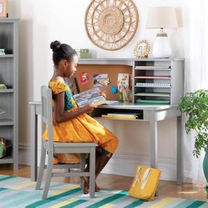 imageGuidecraft Kids Media Desk and Chair Set  White Kids Writing Desk with Hutch and Storage Shelves Computer Workstation with Corkboard Wooden Desk Set for Boys and GirlsGrey