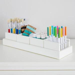 imageMartha Stewart Crafting Kids Accessory Tray  Linen White Wooden Paintbrush Storage with 4 Compartments Crayon Marker and Pencil Organizer for DeskLinen White