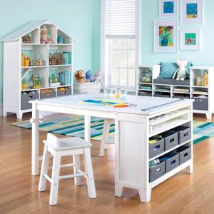 imageMartha Stewart Kids Art Table and Chair Set  Linen White Wooden Play Table for Arts and Crafts Coloring Desk with Paint Cups Paper Roll and Craft Supplies Storage BinsLinen White