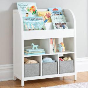 imageMartha Stewart Kids Jr Book and Bin Browser with Bins  Linen White Wooden Kids Bookcases and Toy Storage Organizer Homeschool and Classroom Furniture