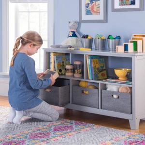 imageMartha Stewart Kids Low Bookcase Gray  24 Inch Wooden Storage Organizer Cubby with Fabric Bins for Playroom and BedroomGrey