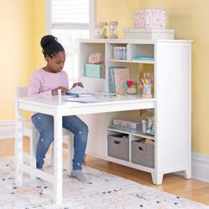 imageMartha Stewart Kids Media System with Desk Extension and Chair  Linen White Wooden Cubby Storage Organizer and Computer Study Table for Home School