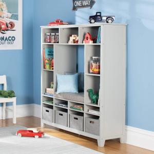 imageMartha Stewart Kids Storage System Gray  Wood Bookshelf Cubby with Seat Cushion Shelves and Storage Bins Reading Nook Bookcase and Kids Room BenchGrey
