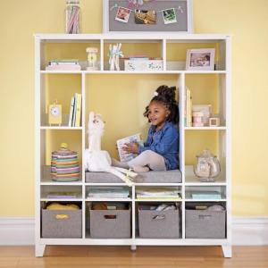 imageMartha Stewart Kids Storage System Gray  Wood Bookshelf Cubby with Seat Cushion Shelves and Storage Bins Reading Nook Bookcase and Kids Room BenchLinen White