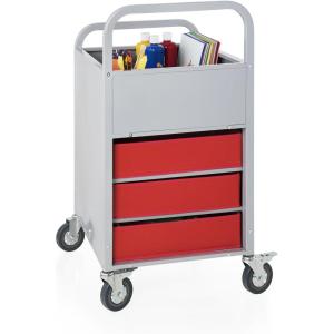 imageRolling Display and Storage Utillity Cart Metal Media Truck with Wheels 3 Shelf Fabric Bins Office and School Supply Gray