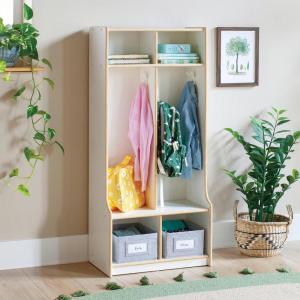 imageGuidecraft EdQ 2Section Wooden Storage Locker with Bench Seat for Classroom Kids Cubby Organizer with Shelves and Hooks for Coats Divided Playroom Storage with BinsWhite