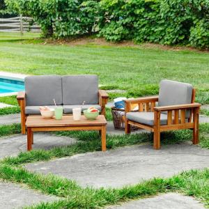 imageMartha Stewart Kids Outdoor Couch Chair ampamp Table Set Acacia Wood 3Piece Outdoor Furniture Set for Children  Kids Picnic Table Sofa ampamp Chair wCushions for Backyard Garden Porch and Patio