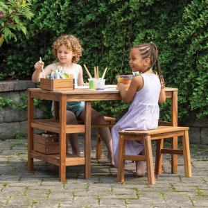 imageMartha Stewart Kids Outdoor Craft Table and 2 Bench Set Acacia Wood Activity Desk wCrate Caddy and Storage Shelves  Kids Play ampamp Picnic Table wBenches for Backyard Patio Outdoor Classrooms