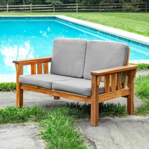 imageMartha Stewart Kids Outdoor Sofa Chair Natural Acacia Wood Outdoor Couch for Kids wGray Polyester Cushions 10quot Seat Height  Montessori Furniture for Backyard Patio Garden Porch