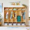 imageGuidecraft EdQ 5Section Wooden Storage Locker with Bench Seat for Classroom Kids White Cubby Organizer with Shelves and Hooks for Coats Divided Playroom Storage with BinsNatural