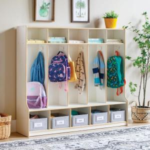 imageGuidecraft EdQ 5Section Wooden Storage Locker with Bench Seat for Classroom Kids White Cubby Organizer with Shelves and Hooks for Coats Divided Playroom Storage with BinsWhite