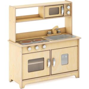 imageGuidecraft EdQ AllinOne Kids Kitchen Playset  Natural Wooden Dramatic Play Kitchen for Toddlers wStove Microwave Oven Sink Interactive Faucet Storage Shelves for Home Playroom ClassroomNatural