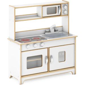 imageGuidecraft EdQ AllinOne Kids Kitchen Playset  Natural Wooden Dramatic Play Kitchen for Toddlers wStove Microwave Oven Sink Interactive Faucet Storage Shelves for Home Playroom ClassroomWhite